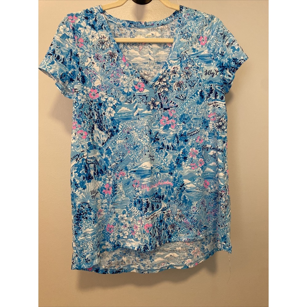 Lilly Pulitzer Etta V-Neck Top Blue Peri Lilly Loves North Carolina Nc Size S